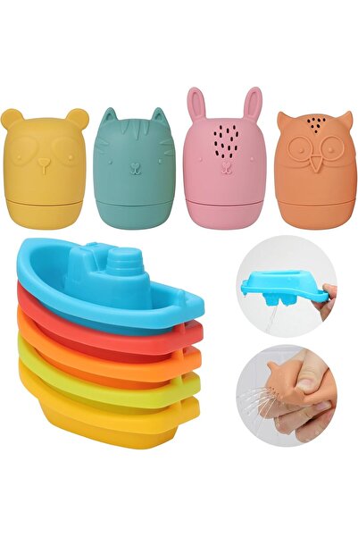 Generic Floating Bath Boat Toys, 9-piece Mold-Free Silicone Set for Ages 1-3, Bathtub & Pool Toys