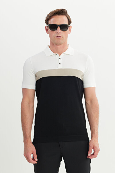 ALTINYILDIZ CLASSICS Men's Black-Beige Standard Fit Regular Cut Polo Neck Knitwear T-Shirt