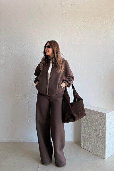 ELVAN TOLON Brown Zippered Fleece-Lined Tracksuit Set