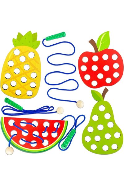 Generic 4-piece wooden fruit lacing toy set for toddlers (pineapple, pear, apple, watermelon)