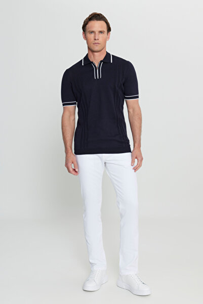 ALTINYILDIZ CLASSICS Men's Navy Blue 100% Cotton Standard Fit Regular Cut Polo Neck Jacquard Knit T-Shirt