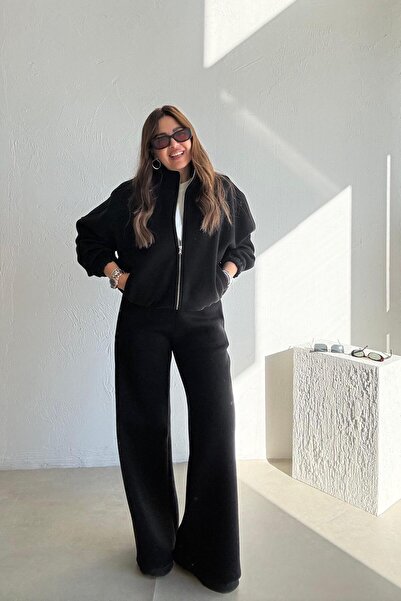 ELVAN TOLON Black Zippered Fleece-Lined Tracksuit Set