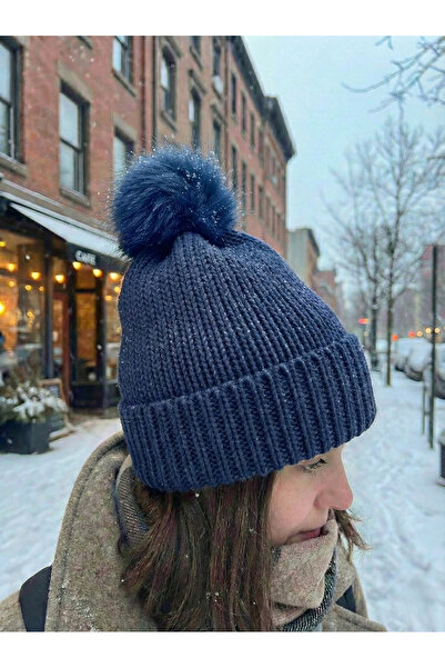 BESKAR Navy Blue Hand Knitted Corded Fabric Model Warm Winter Women's Beanie