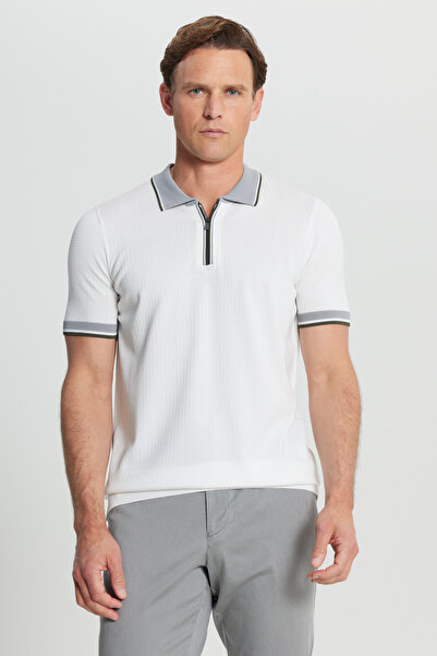 ALTINYILDIZ CLASSICS Men's Ecru Standard Fit Regular Cut Polo Neck Dobby Knit T-Shirt