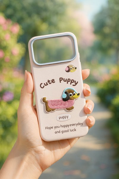 MustCase iPhone 17 Pro Max / 18 Pro Max Case Cute Puppy Embroidery Leather Look Flexible, Stylish, and Protective Phone Cover