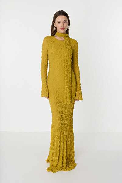 boneqa barcelona Bürümcüklü Sarı Uzun Elbise