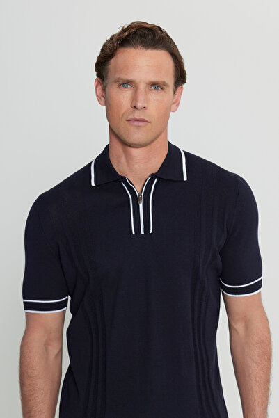 ALTINYILDIZ CLASSICS Men's Navy Blue 100% Cotton Standard Fit Regular Cut Polo Neck Jacquard Knit T-Shirt