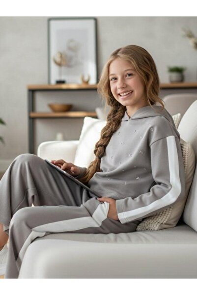 Zekids Girl's Hooded Staple Detailed Design Tracksuit Set