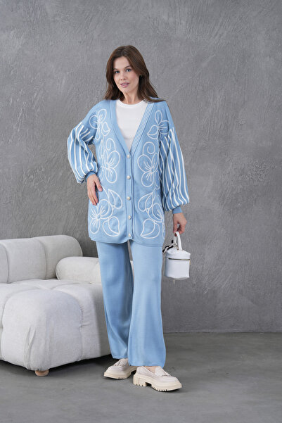 Miss Allos Women's Front Beaded Wide Fit Tr,Ko Cardigan V E Pants Bottom Top Set