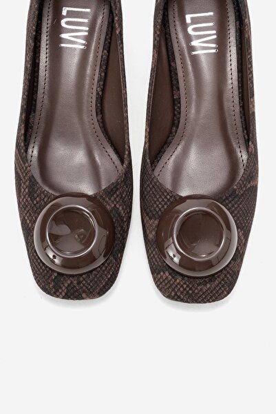 LuviShoes Mila Brown Patterned Buckle Square Toe Women's Thick Heeled Shoes
