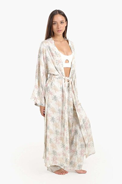CARINA Long robe with palm tree print