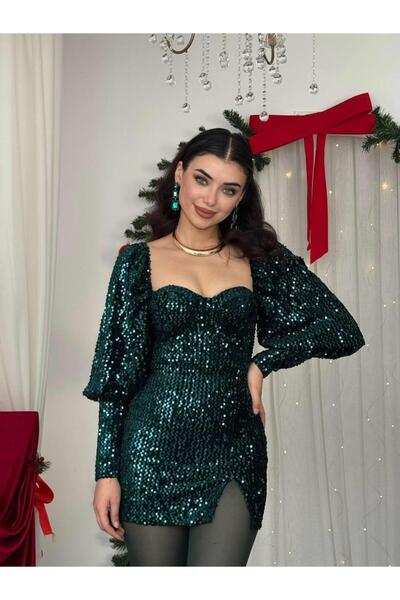 conconmoda Balon Kol Kalp Yaka Payet Elbise