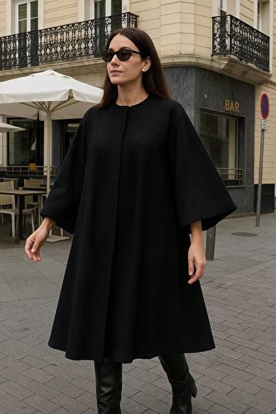 comstar Kadın Premium Basic Uzun Siyah Kaşe Kaban