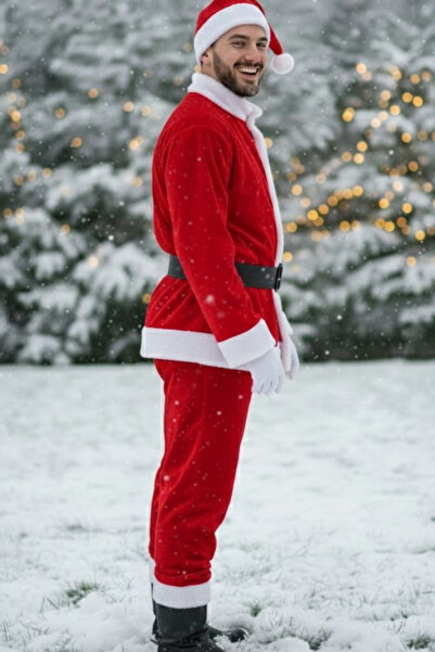 Parti Kırtasiye Men's Santa Claus Costume Red White Plush Detailed Christmas Party Winter Celebration Outfit Set