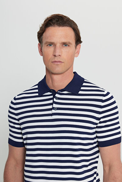 ALTINYILDIZ CLASSICS Men's Navy Blue-Ecru Standard Fit Regular Cut Polo Collar Striped Knitwear T-Shirt