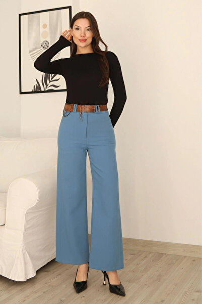 lodmela Belt with Accessories and Pocket Detail Palazzo Pants 6115-Blue