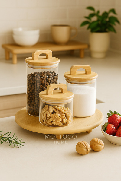Mottogo 3-Piece Glass Jar with Bamboo Lid – with Bamboo Stand | Air Protected – 370ml + 650ml + 950ml