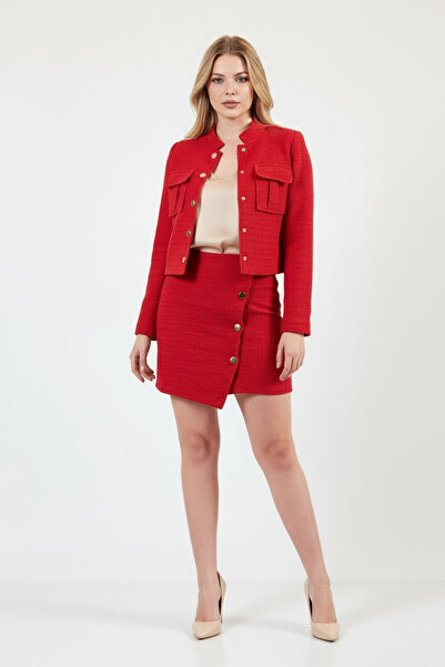 Volanlı Kırmızı Tüvit Ceket Asimetrik Etek Takım Elbise