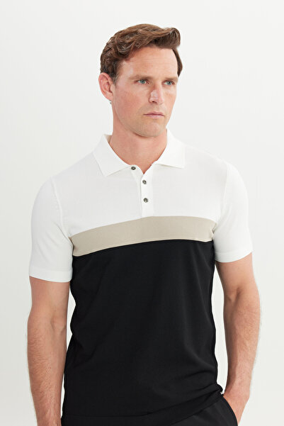 ALTINYILDIZ CLASSICS Men's Black-Beige Standard Fit Regular Cut Polo Neck Knitwear T-Shirt