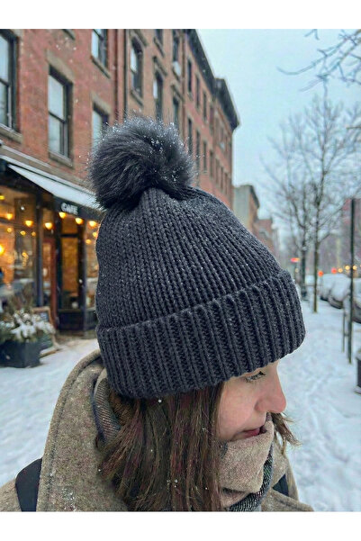 BESKAR Anthracite Gray Hand Knitted Corded Fabric Model Non-Pilling Women's Beanie