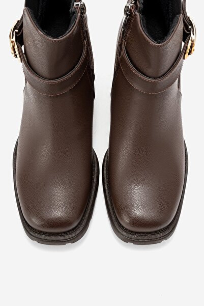 LuviShoes Hei̇le Brown Leather Buckle Women's Thick Heeled Boots