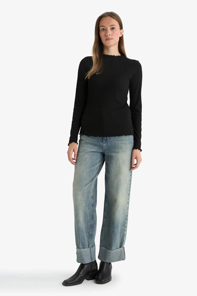 DeFacto B2389Axbk81 Black Half Turtleneck Corded Fabric Ribbed Knit Long Sleeve Tunic