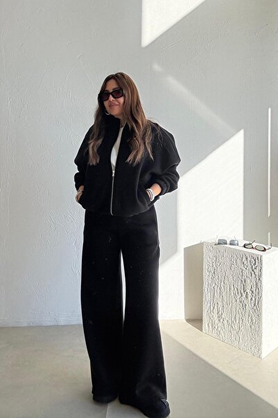 ELVAN TOLON Black Zippered Fleece-Lined Tracksuit Set