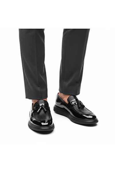 BAL ALTINÖKÇE AYAKKABICILIK Men's Patent Leather Shiny Black Flat Classic Shoes Casual Wedding Engagement Shoes Metal Tassel