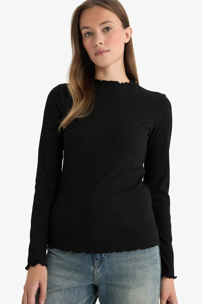 DeFacto B2389Axbk81 Black Half Turtleneck Corded Fabric Ribbed Knit Long Sleeve Tunic