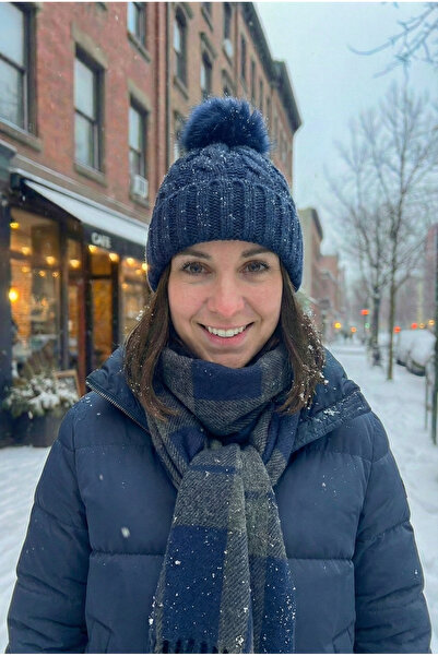 BESKAR Navy Blue Hand Knitted Corded Fabric Model Warm Winter Women's Beanie