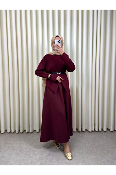 VOICTEC Women's Puff Scuba Belt Detailed Skirt Blouse Set