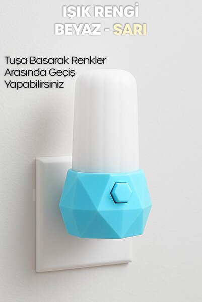 Telvesse Gece Lambası Prizma Tip 2 MOD Sarı-Beyaz Işık Tuşlu Koridor Hol Işığı Uyuma Işığı Turkuaz GC07