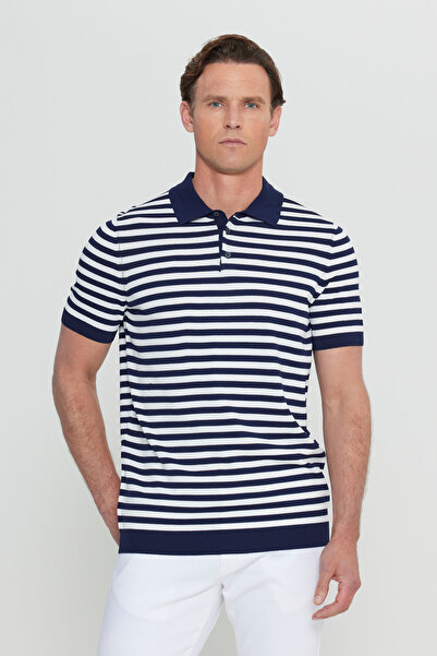 ALTINYILDIZ CLASSICS Men's Navy Blue-Ecru Standard Fit Regular Cut Polo Collar Striped Knitwear T-Shirt