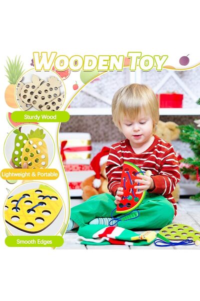 Generic 4-piece wooden fruit lacing toy set for toddlers (pineapple, pear, apple, watermelon)