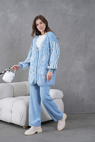 Miss Allos Women's Front Beaded Wide Fit Tr,Ko Cardigan V E Pants Bottom Top Set