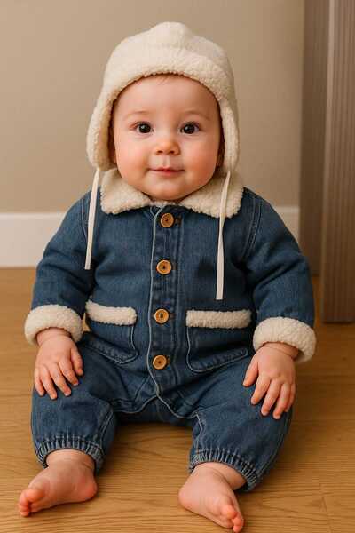 Midani Store Hat Baby Winter Furry Jeans Denim Jumpsuit with Hat Model Comfor...