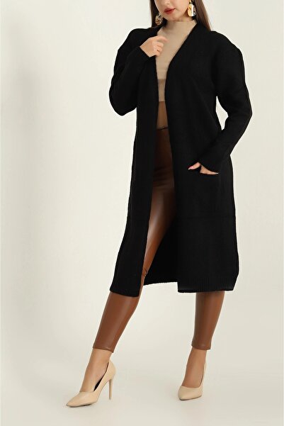 AURRARİ Black Knitted Sweater Cardigan with Long Pockets
