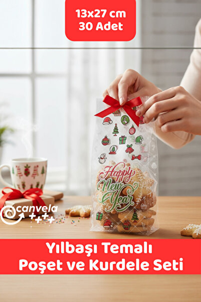CANVELA 30 Adet Yılbaşı Temalı 13x27,5 Cm Opp Yapışkansız Poşet ve Kurdele Seti