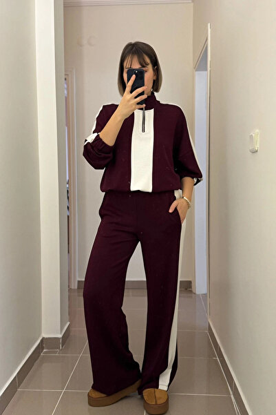 Kubos Moda Zippered Striped Adjustable Elastic Burgundy Modal Tracksuit Set