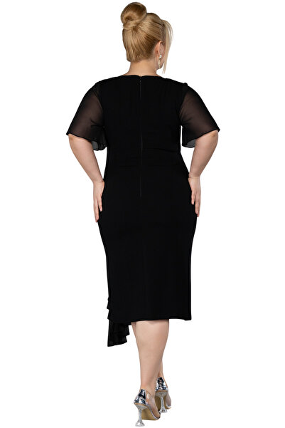Arden Plus Size Short Evening Dress, Black, Navy Chiffon Double-Breasted Short Sleeve, Midi Cocktail Dress, 44-50