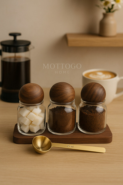 Mottogo 4-Piece Coffee Corner Jar Set Acacia Lid Glass Jar Gold Measuring Spoon Stand Sugar Bowl Coffee Bowl
