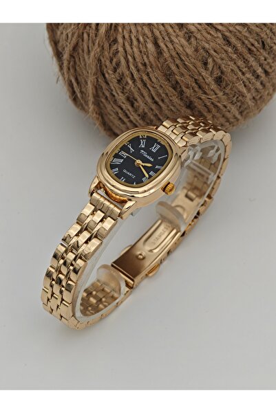 Marlas Retro Women's Wristwatch, Black Dial, Minimal Design, Golden Yellow Case, Roman Numeral Dial