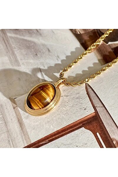 Mimoza Accessories Çelik Zincir, Kararması Takı, Doğal Taşlı Kaplan Gözü Kolye