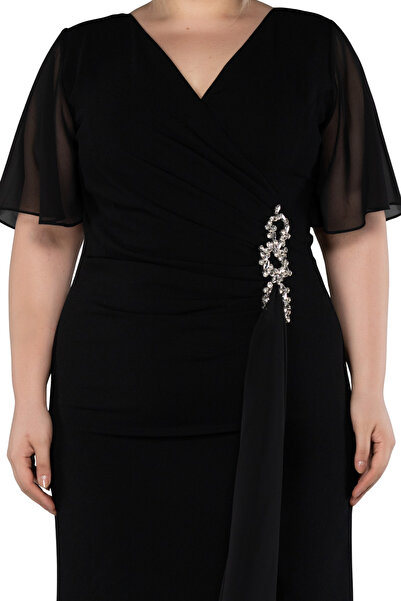 Arden Plus Size Short Evening Dress, Black, Navy Chiffon Double-Breasted Short Sleeve, Midi Cocktail Dress, 44-50