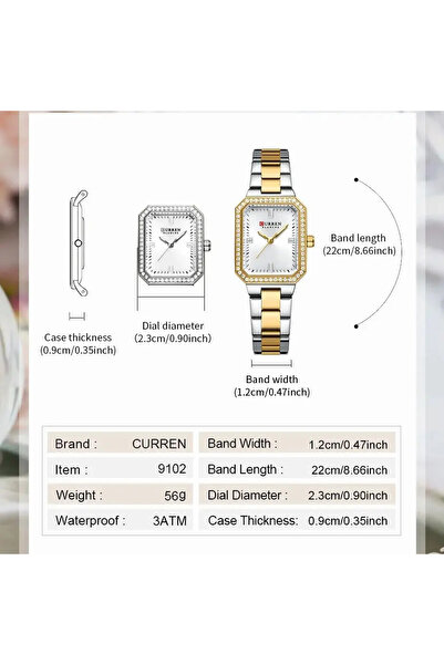 Curren Women's Watch 9102 — Luxury Rectangular Quartz, Elegant Waterproof Dial (Gold/Blue)