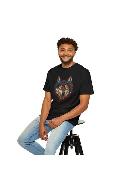 mrmubomen Unisex Black Oversized Flag Wolf Patterned Tshirt