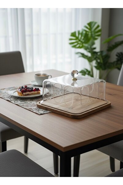 ABAREEK Wooden serving dish with a clear plastic lid and crystal handle