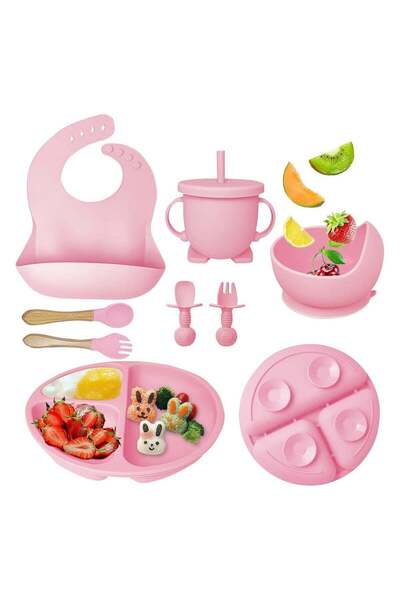 IMISSU مجموعة تغذية الطفل من السيليكون من آي ميسيو، ٨ قطع - طبق مقسم، مريلة، وعاء، ملاعق وشوك للتغذية الذاتية