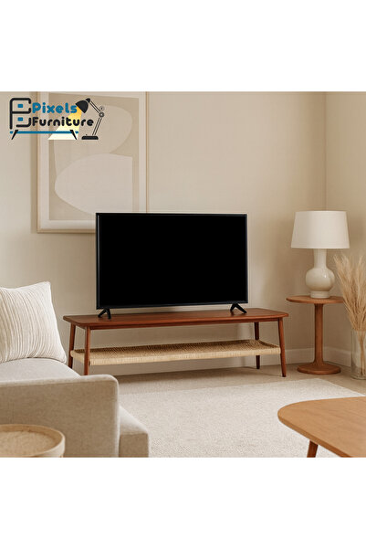 PixelsFurniture Pixel Furniture two-tier TV stand with a wooden top, rattan lower shelf, and metal edges.
