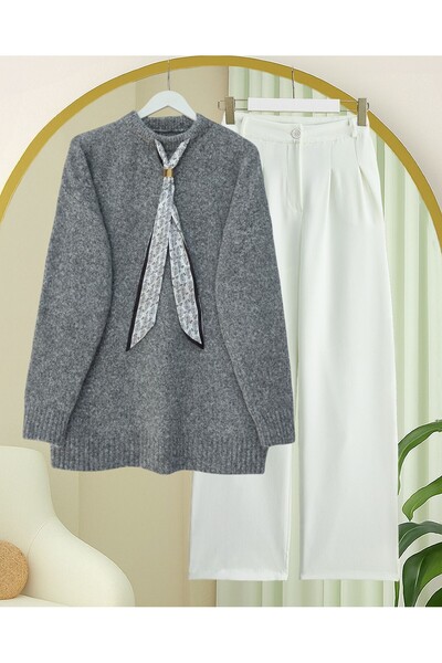 Modamorfo Pulover tricotat moale cu eșarfă - Gri